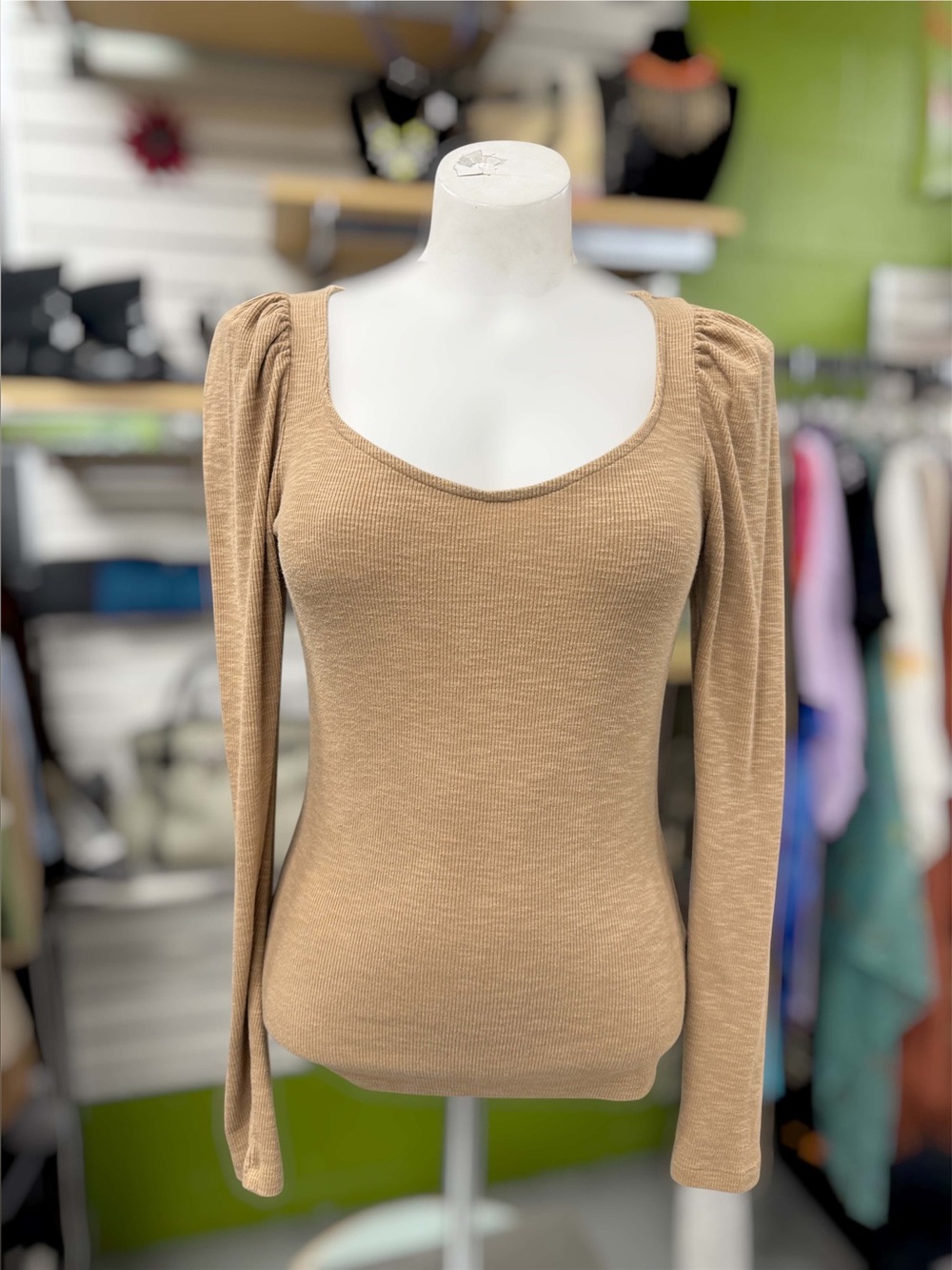 GAP Camel Ribbed Scoop-Neck Long Sleeve Top Size S